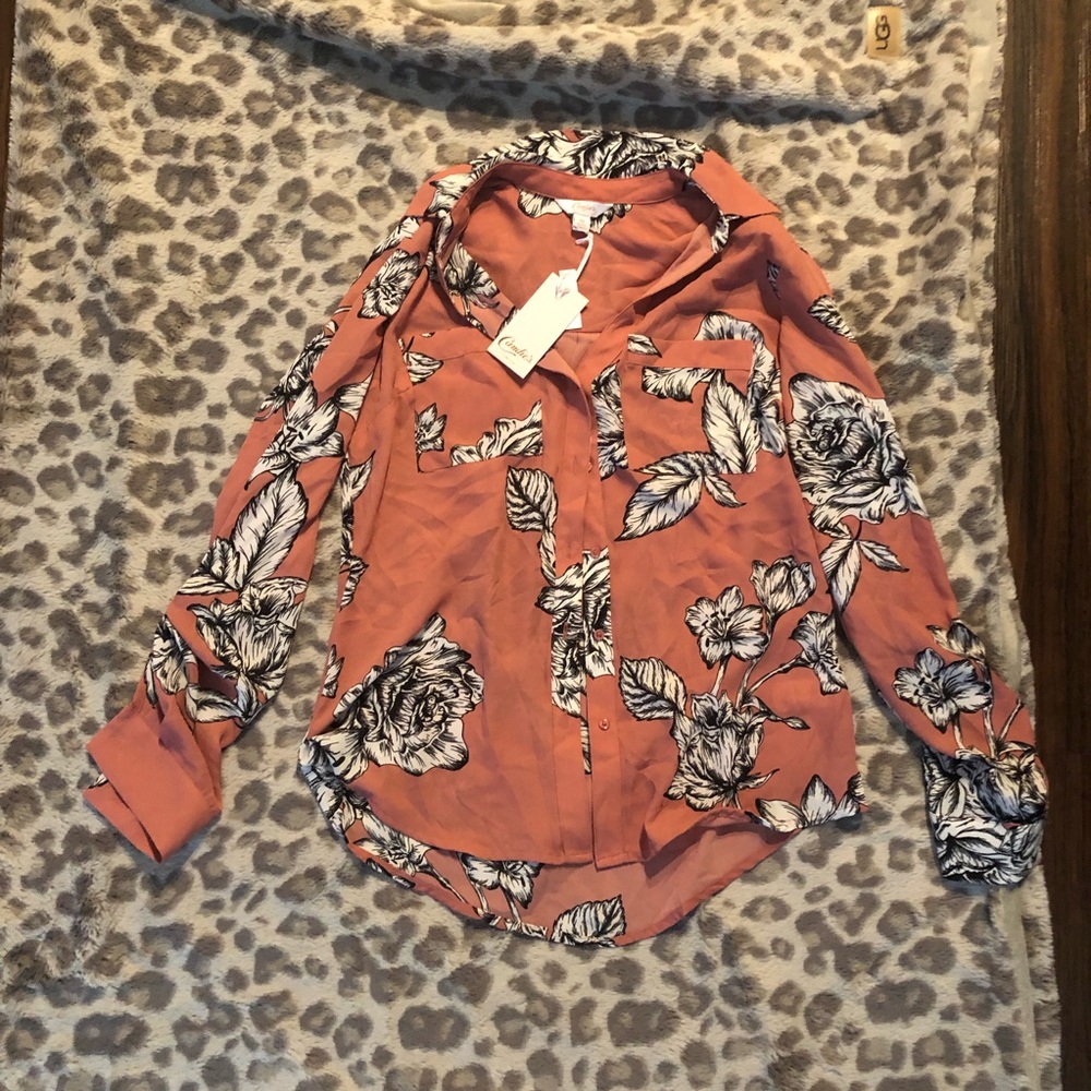 NWT Candie’s pink floral button up long sleeve blouse